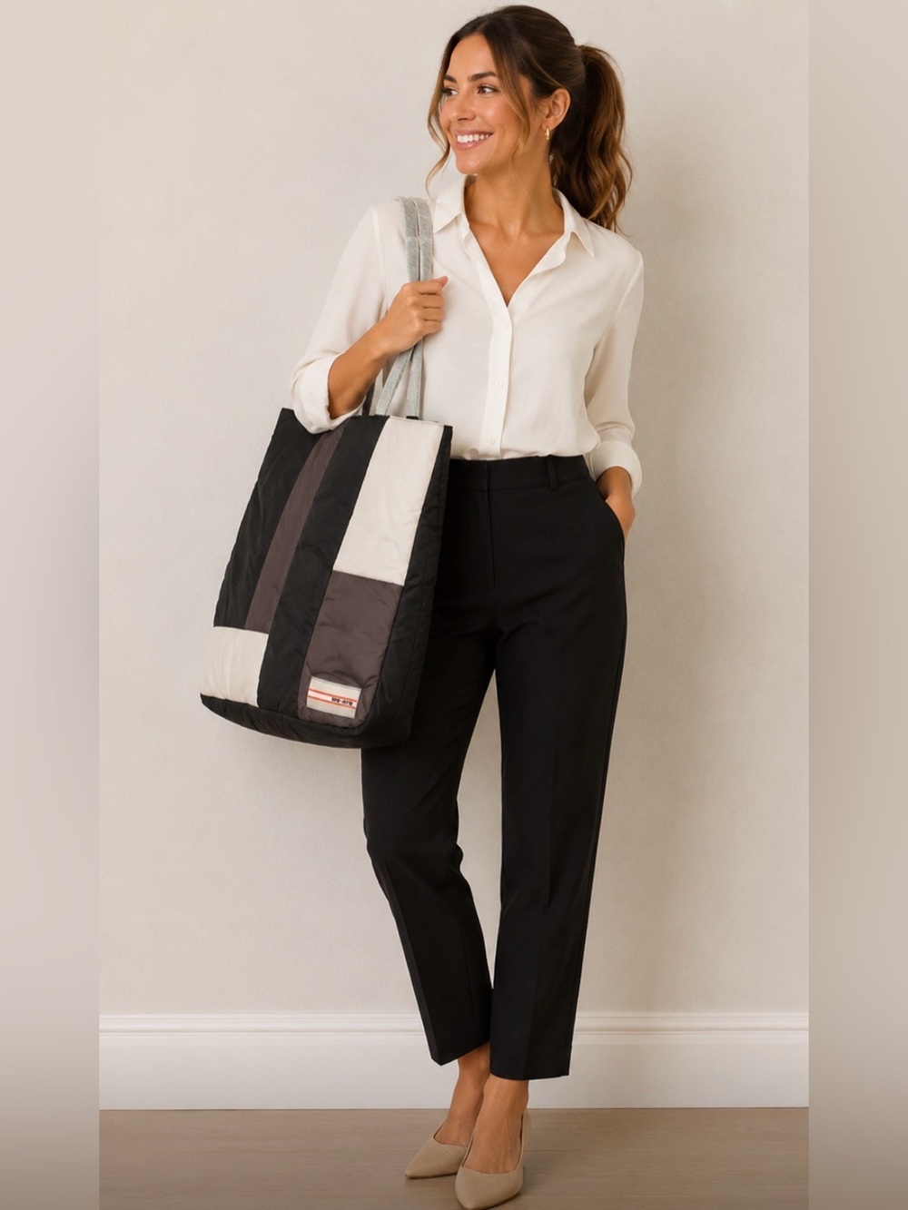 We ar4 Quilted Patchwork Tote Bag in Black, Brown & Cream